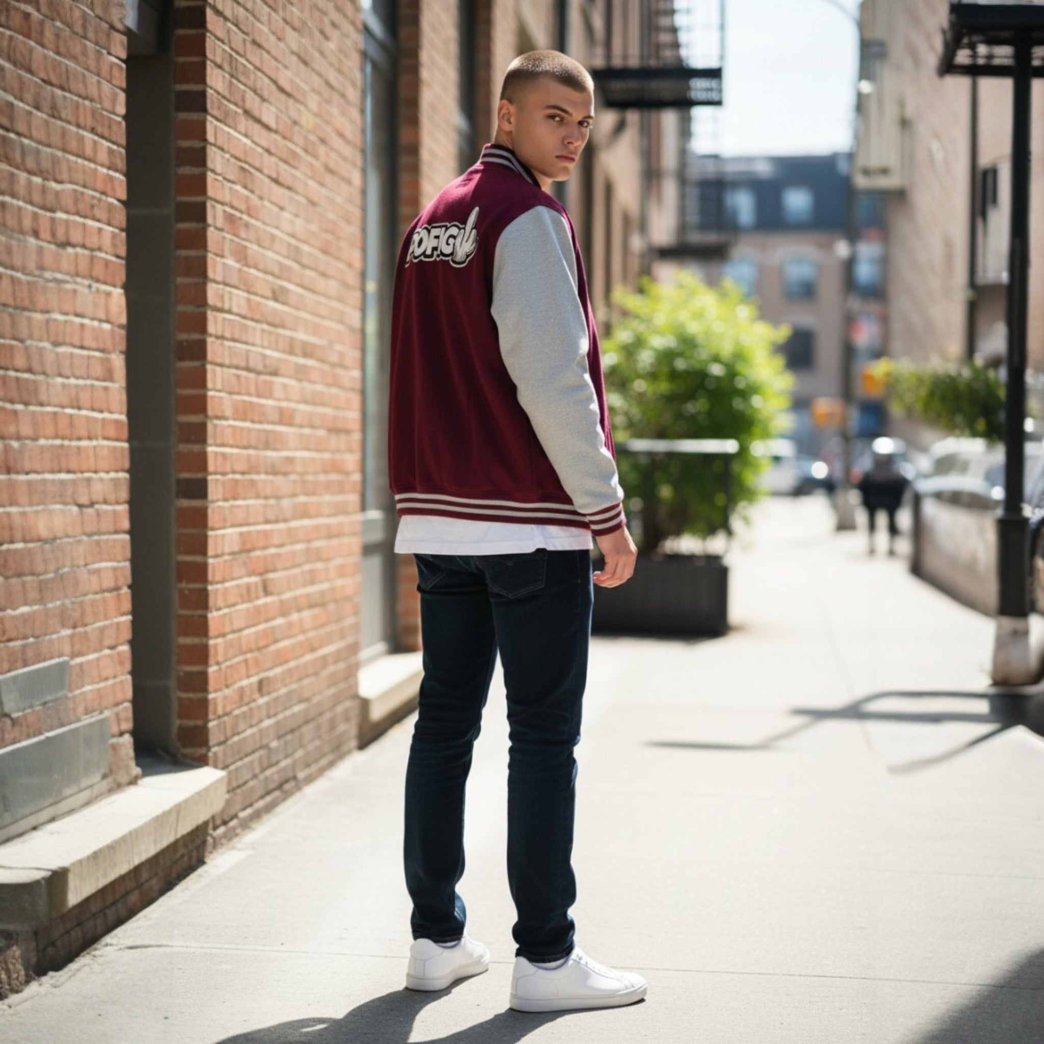 POFIG Varsity Jacke – Letterman Jacke mit Rückenpatch Unisex Streetwear