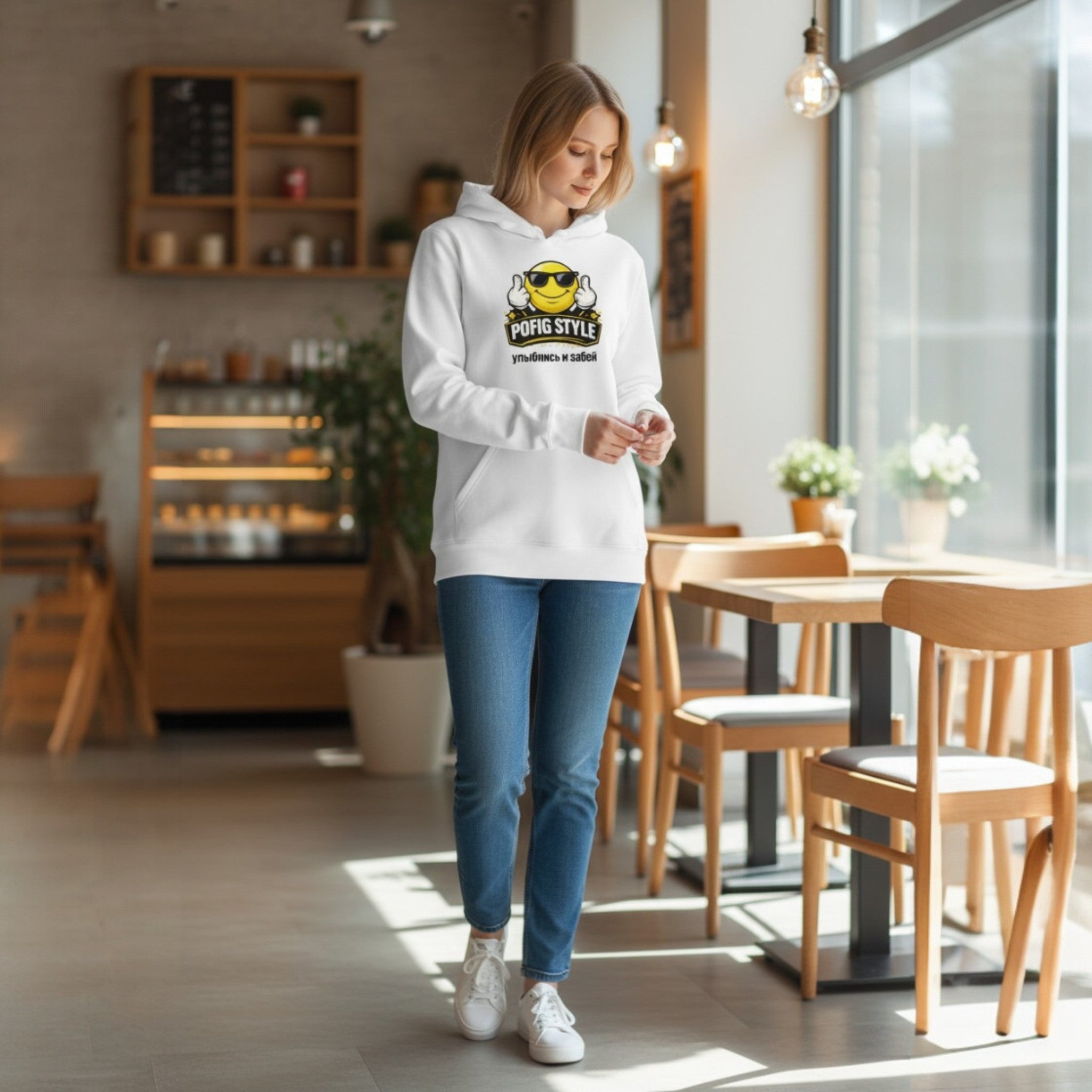 Худи POFIG белого цвета – Живи так, как тебе нравится | Унисекс, органический принт, выпуск 01
