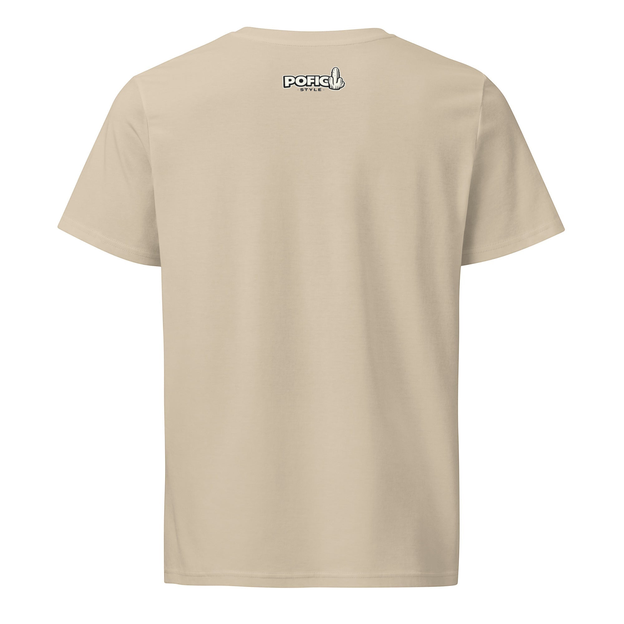 POFIG Na Rasslabone Tee – Slavic Edition, hellbraunes Bio-Baumwoll-T-Shirt mit kleinem Logo-Print im Nacken.